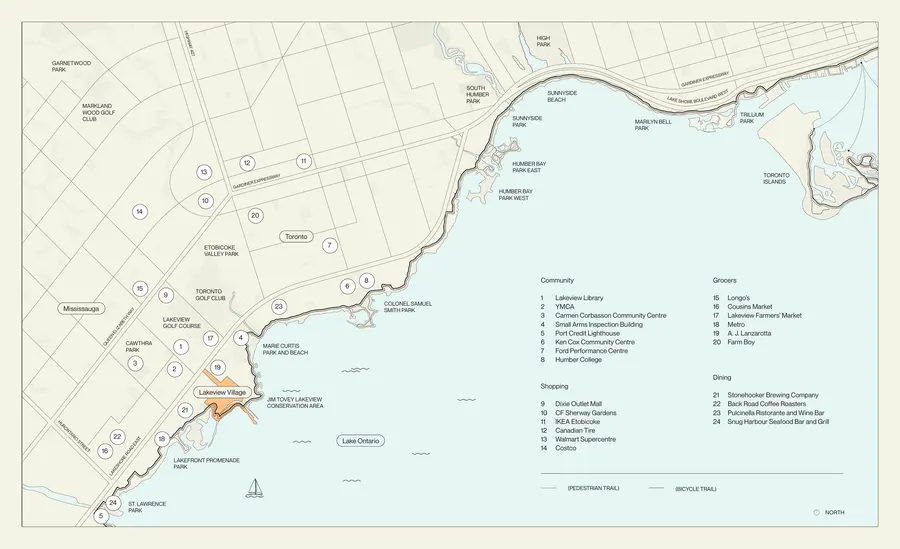 Map of the Lakeview Village area along Lake Ontario from Port Credit to the Toronto Islands, with nearby parks, grocers, shopping and restaurants numbered