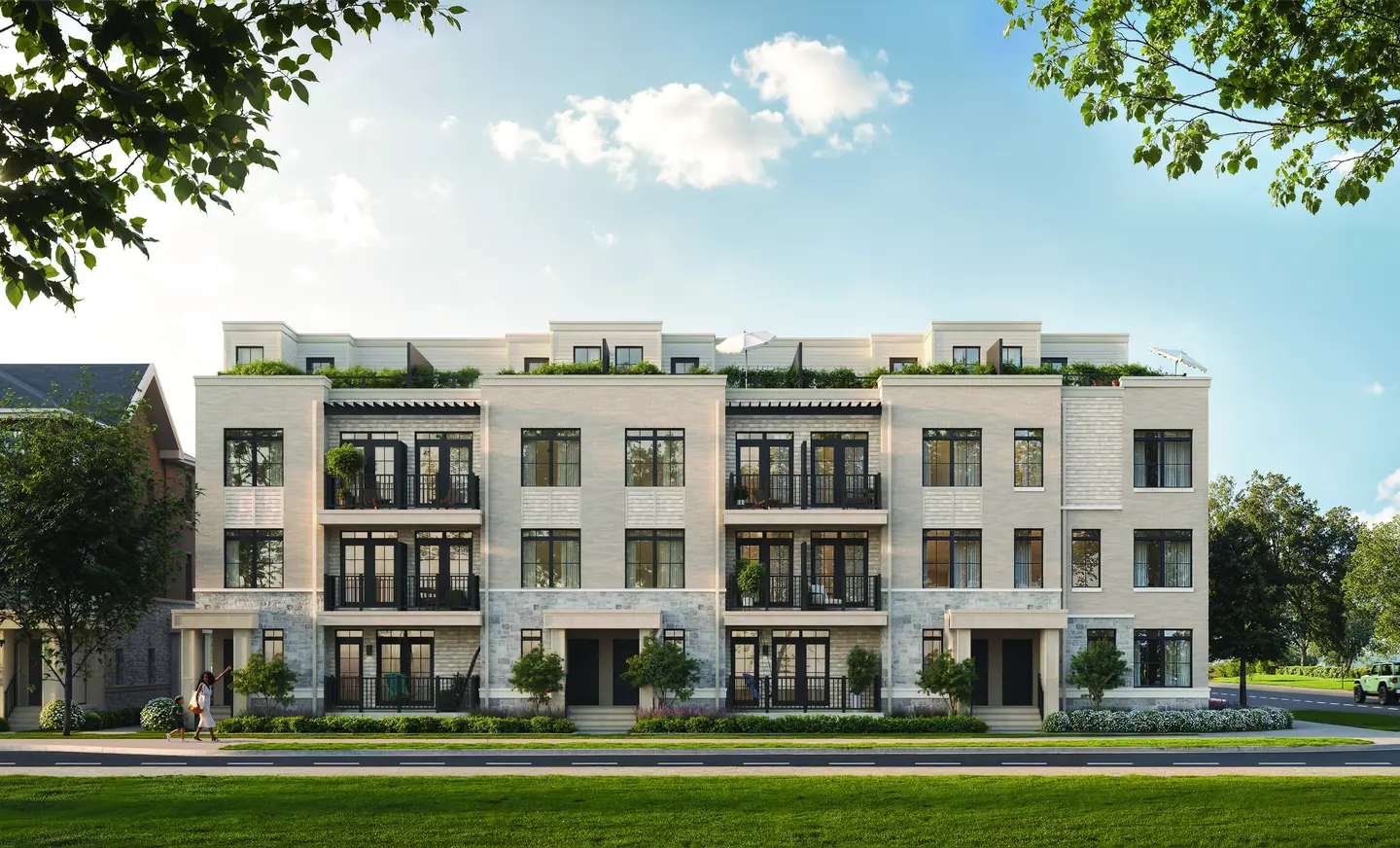 Rendering of South Banks townhomes in Elevation C: light stone facades with rooftop terraces