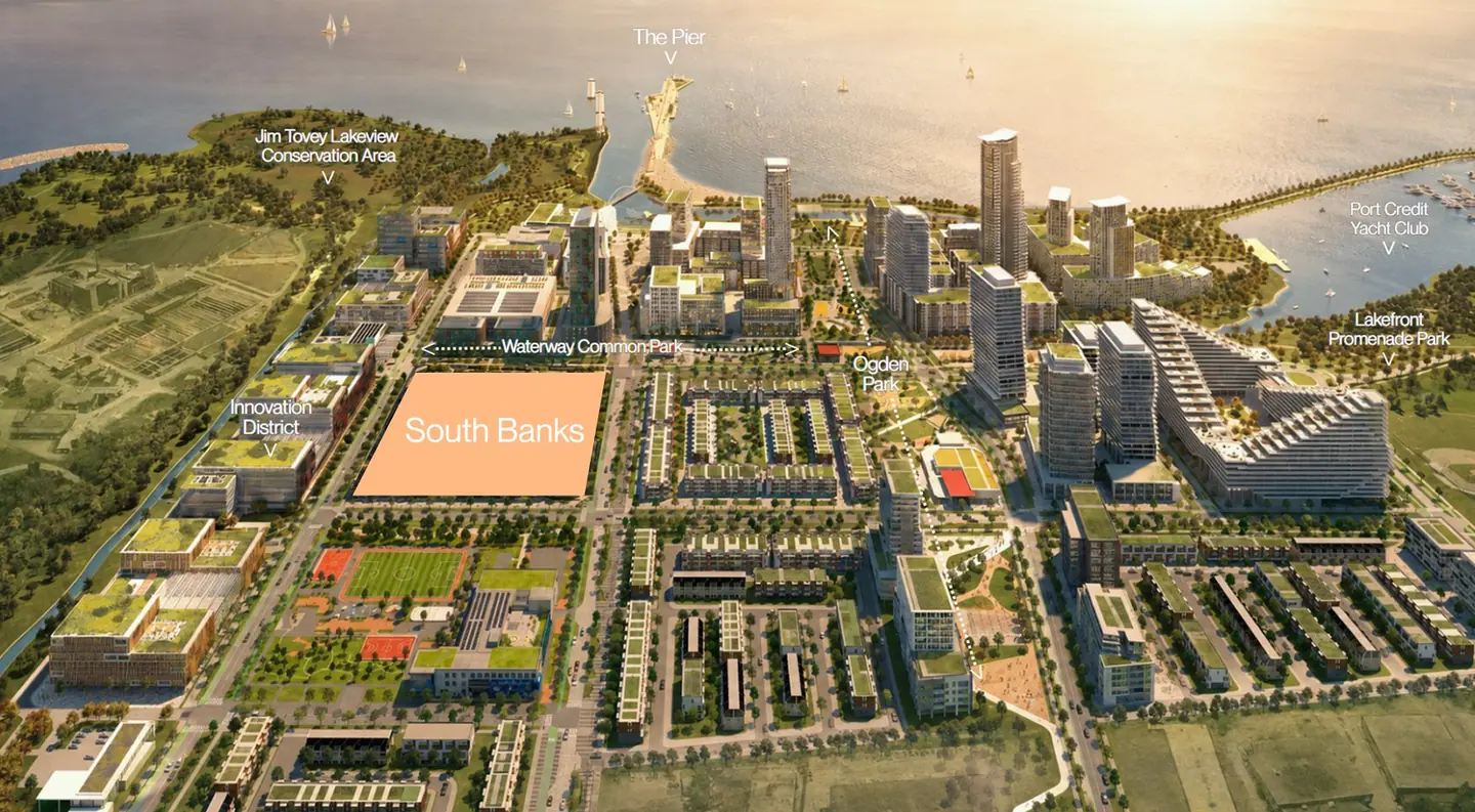 Aerial rendering of the Lakeview Village waterfront masterplan with the South Banks site marked beside Waterway Common Park