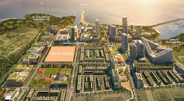 Aerial rendering of the Lakeview Village waterfront masterplan with the South Banks site marked beside Waterway Common Park