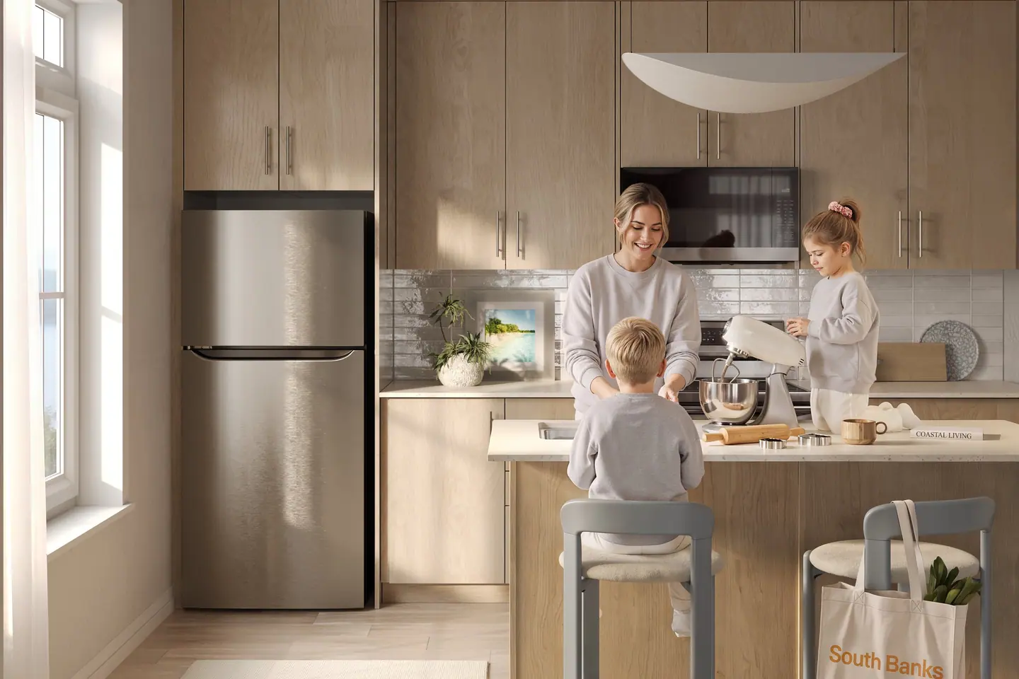 Rendering of a South Banks kitchen in Package A finishes, with light oak cabinets and an island