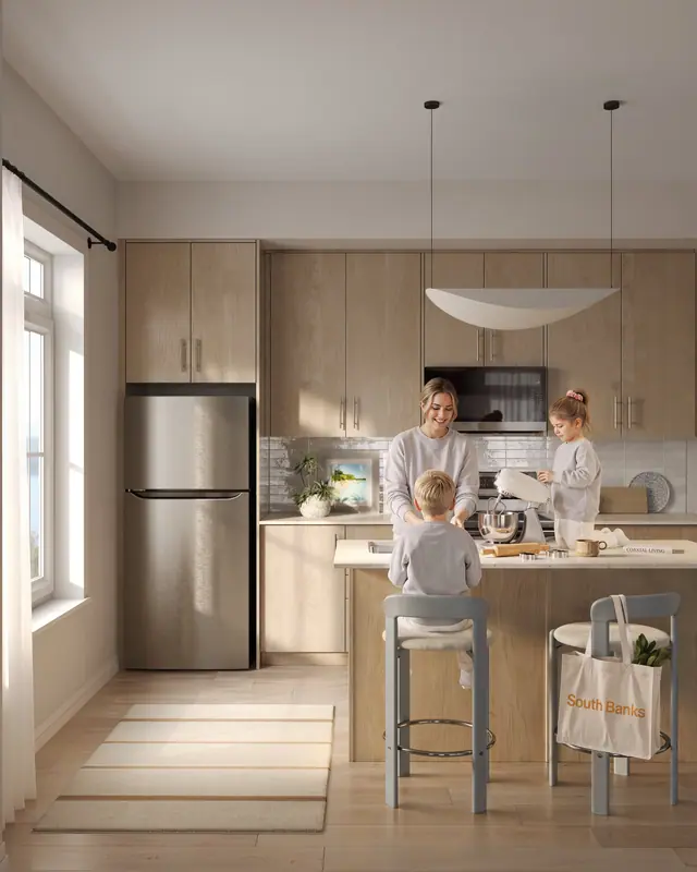 Rendering of a South Banks kitchen in Package A finishes, with light oak cabinets and an island