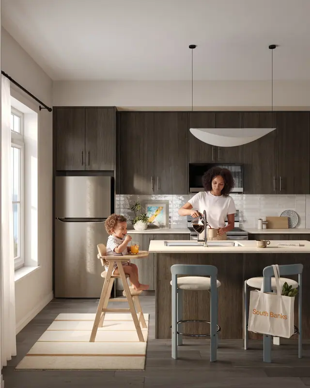 Rendering of a South Banks kitchen in Package B finishes, with dark wood cabinets