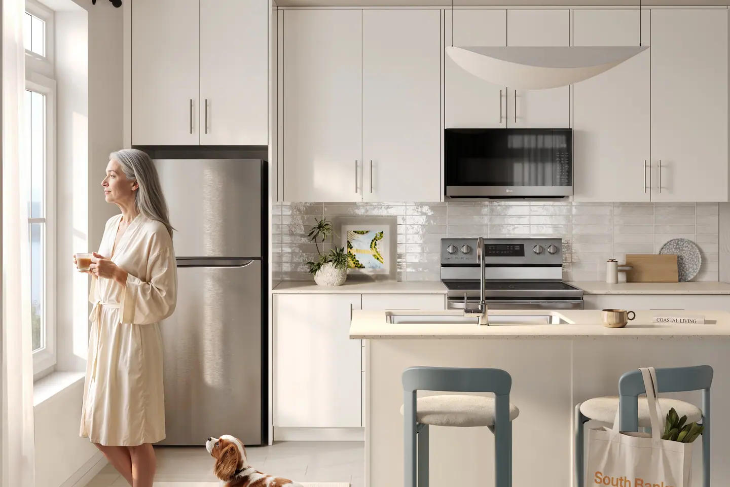 Rendering of a South Banks kitchen in Package C finishes, with white cabinets and a window looking out