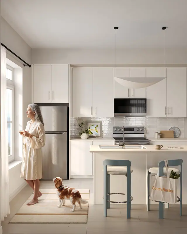 Rendering of a South Banks kitchen in Package C finishes, with white cabinets and a window looking out