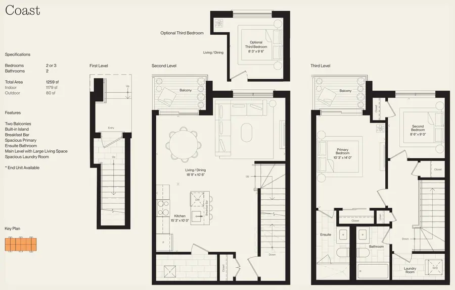 Coast floor plan with room dimensions for each level