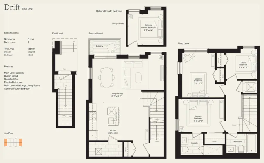 Drift floor plan with room dimensions for each level