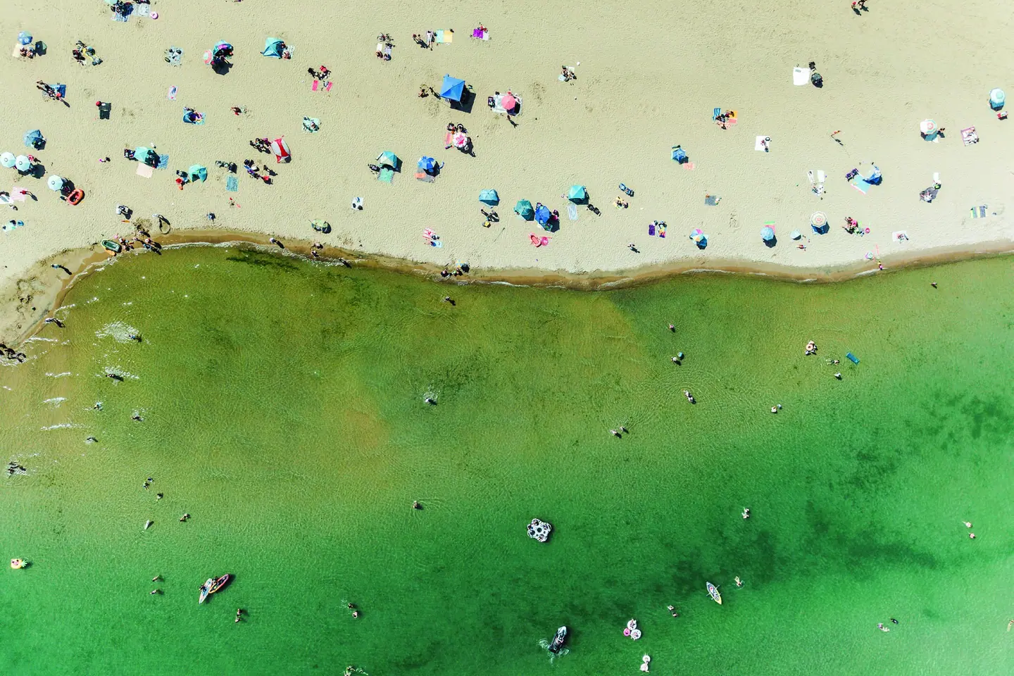 Aerial view of a sandy beach and shallow green lake water